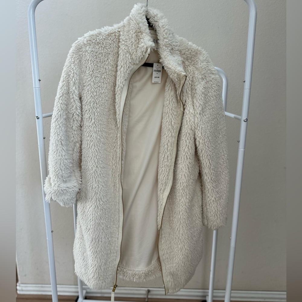 GAP Sherpa Teddy Long Zip Cream Coat - Picture 2 of 5